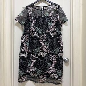 Lane Bryant Floral Embroidered Swing Shift Dress Black Mesh Sz 14 16 Knee Length